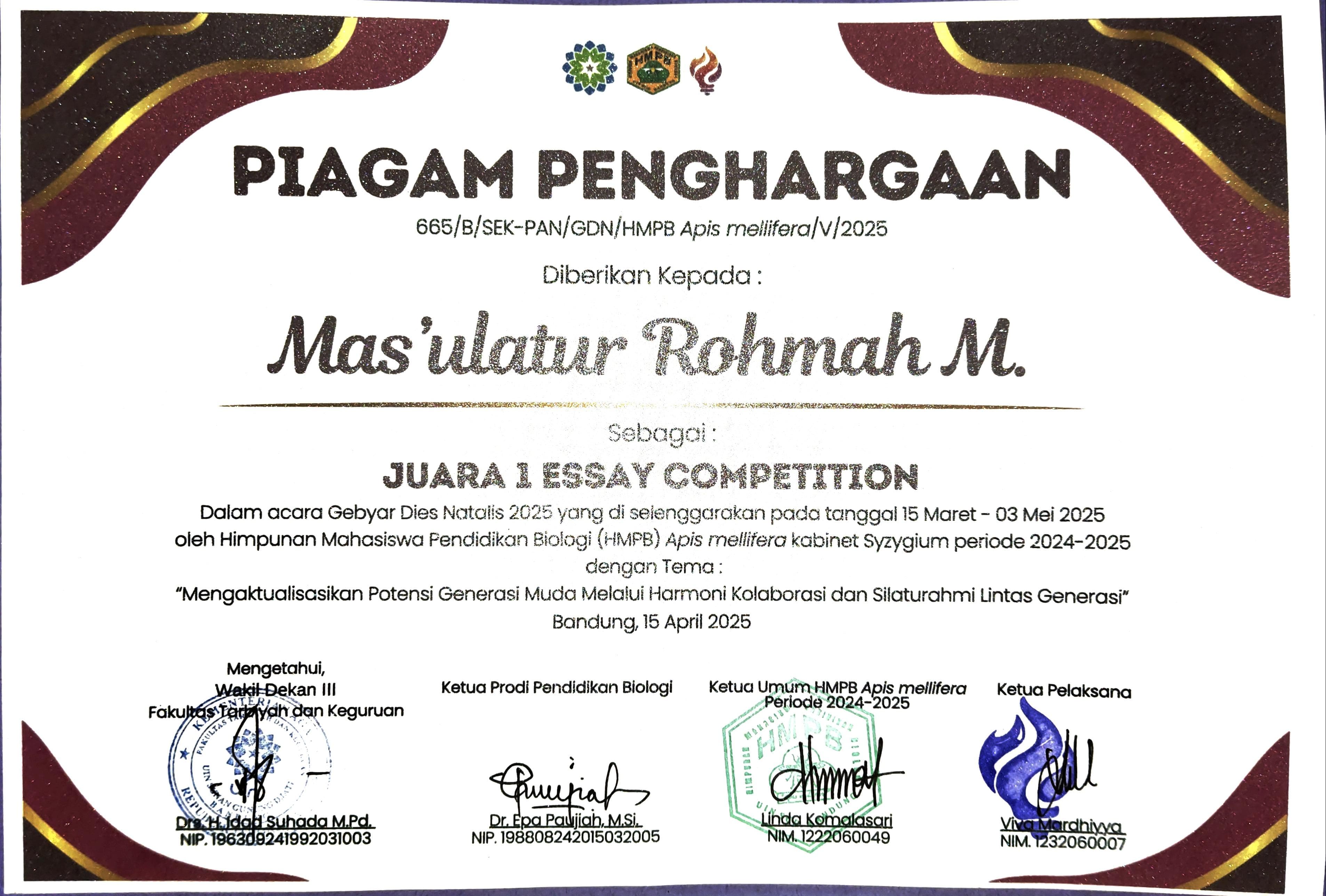 Juara 1 Competition Gebyar Dies Natalis Pendidikan Biologi 2025